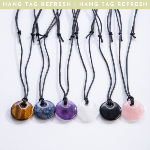 Wholesale circle stone pendants with a banner: hang tag refresh