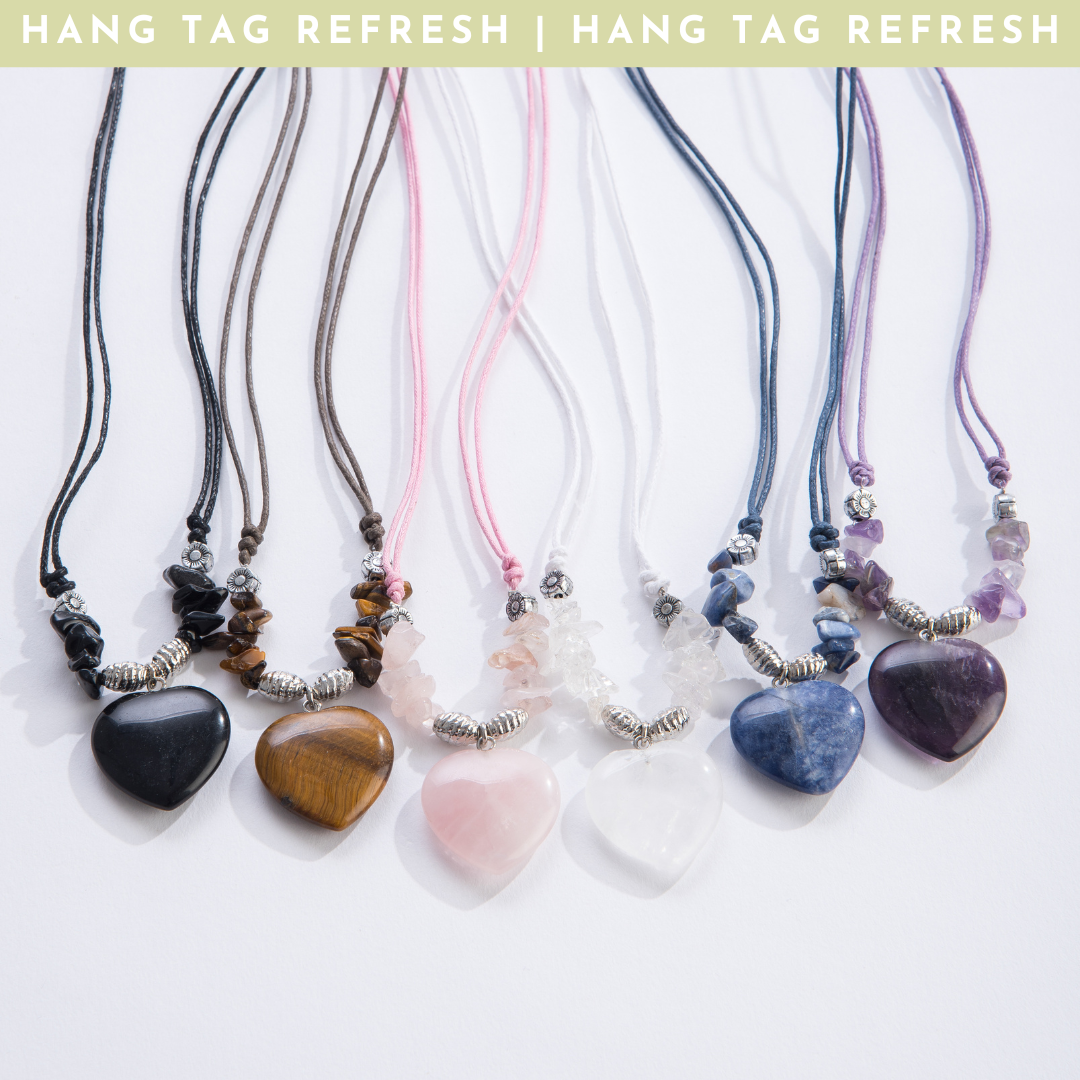 Wholesale gemstone heart pendants with a banner: hang tag refresh