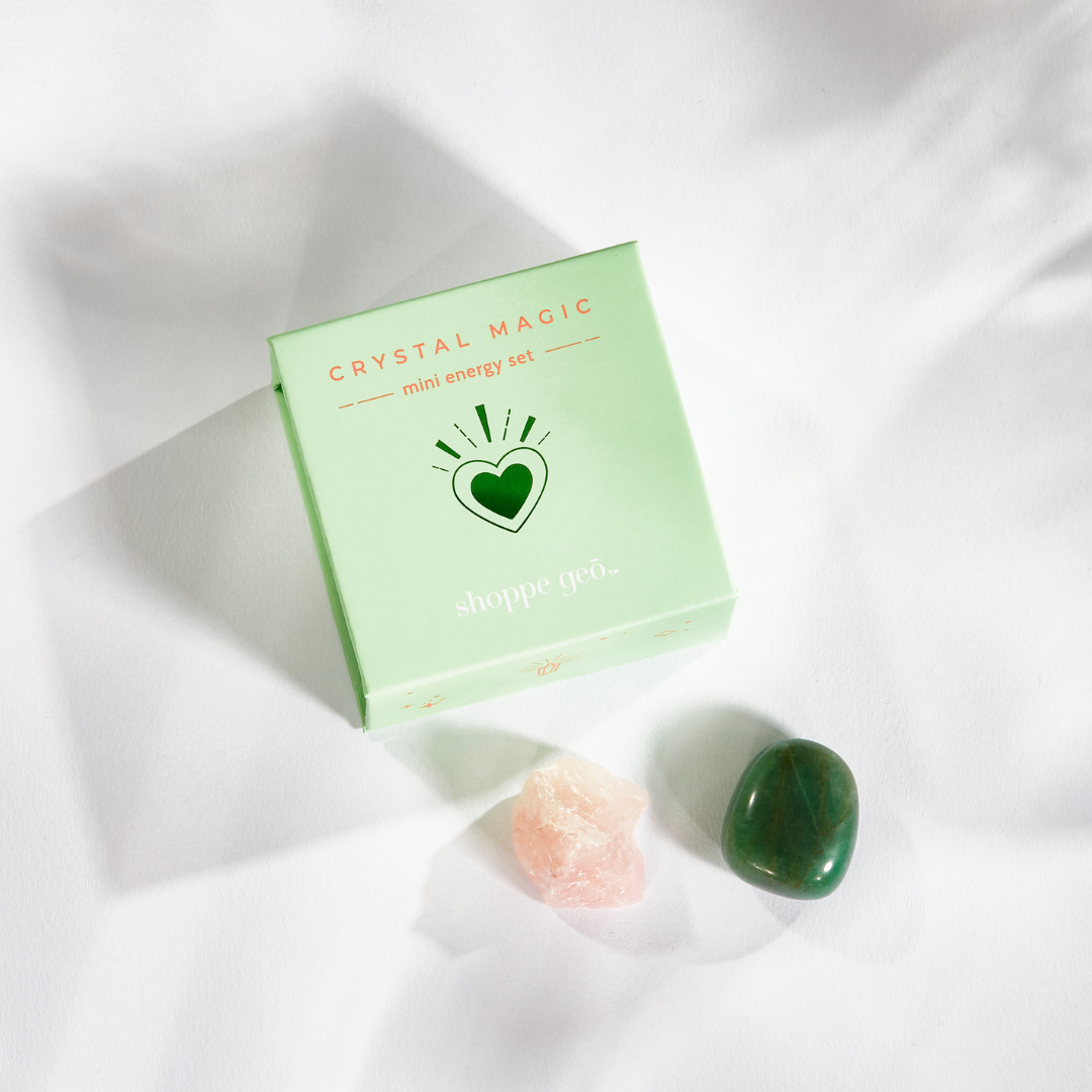 wholesale crystal magic mini energy set: compassion and care with rose quartz and green aventurine crystals