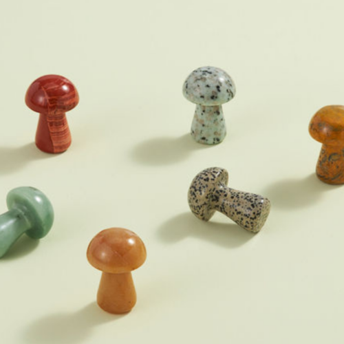 wholesale large crystal mushrooms - green aventurine, red aventurine, red jasper, lace agate, dalmatian jasper, kiwi stone