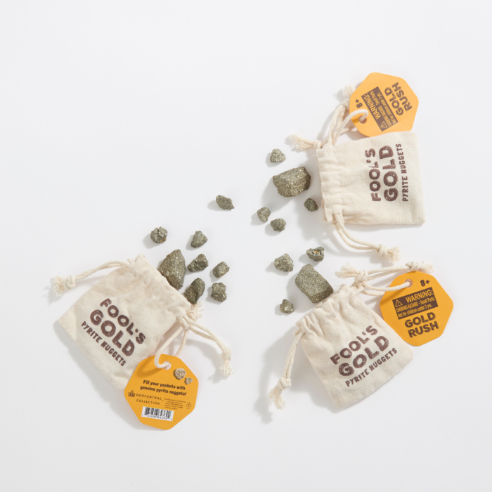 3 bags of wholesale Fool's Gold Pyrite Nuggets with tags that read Gold Rush