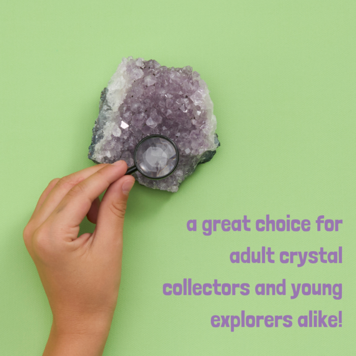 A child's hand using a mini magnifying glass to look at a wholesale amethyst cluster with the text "a great choice for adult crystal collectors and young explorers alike!"
