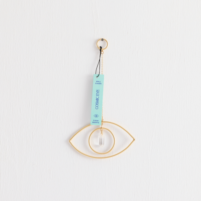 wholesale cosmic eye wall charm - gold with clear quartz with blue scannable tag