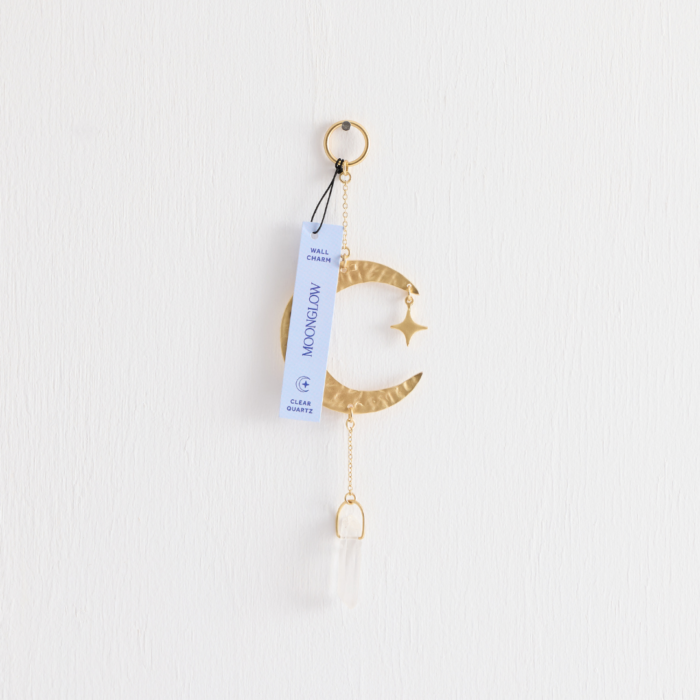 wholesale moonglow wall charm - gold with clear quartz with blue scannable tag
