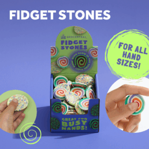 wholesale fidget stones in a purple and green display with images of adult and child hands holding the stones and the words "for all hand sizes!"