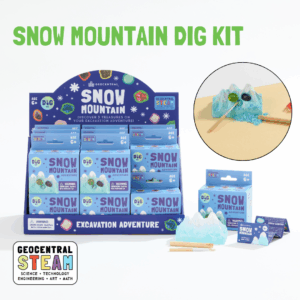 Wholesale Snow Mountain Dig Kit assortment in a blue corrugate display with detail image of the treasures being excavated from the dig block