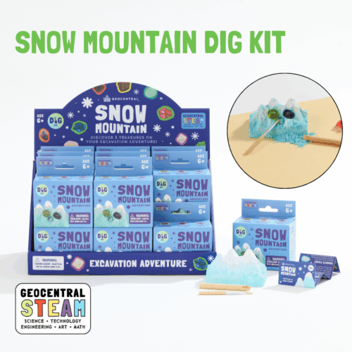 Wholesale Snow Mountain Dig Kit assortment in a blue corrugate display with detail image of the treasures being excavated from the dig block