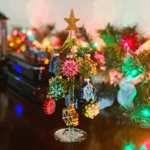 Mini Glass Christmas Tree w/ Snowflake Ornaments