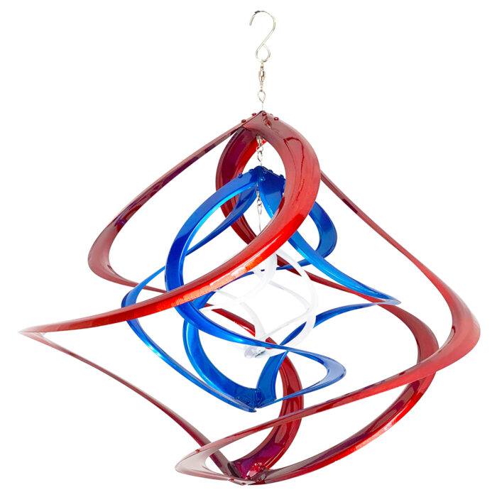 red, white, and blue garden spinner hanging on a white background - wholesale garden.