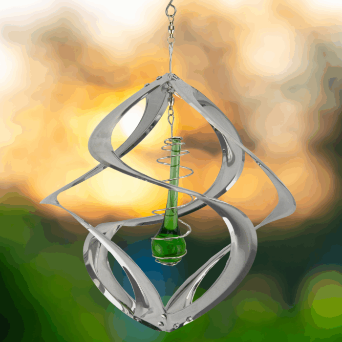Wholesale hanging garden decor - chrome wind spinner on blurred outdoor background