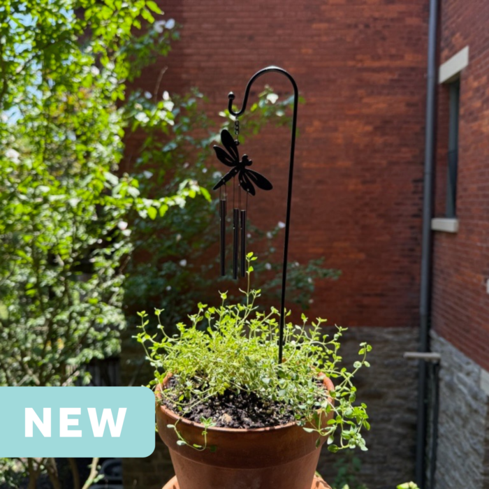 dragonfly mini wind chime in a plant pot on an apartment balcony facing a brick wall