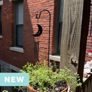crescent moon mini wind chime in a plant pot on an apartment balcony facing a brick wall