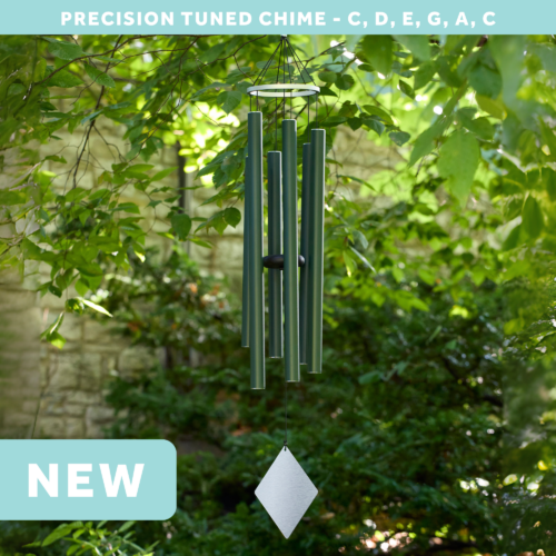 wholesale precision tuned wind chime with a corrosion resistant finish hung outside on a leafy background