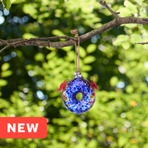 Round Blue Art Glass Double Hummingbird Feeder