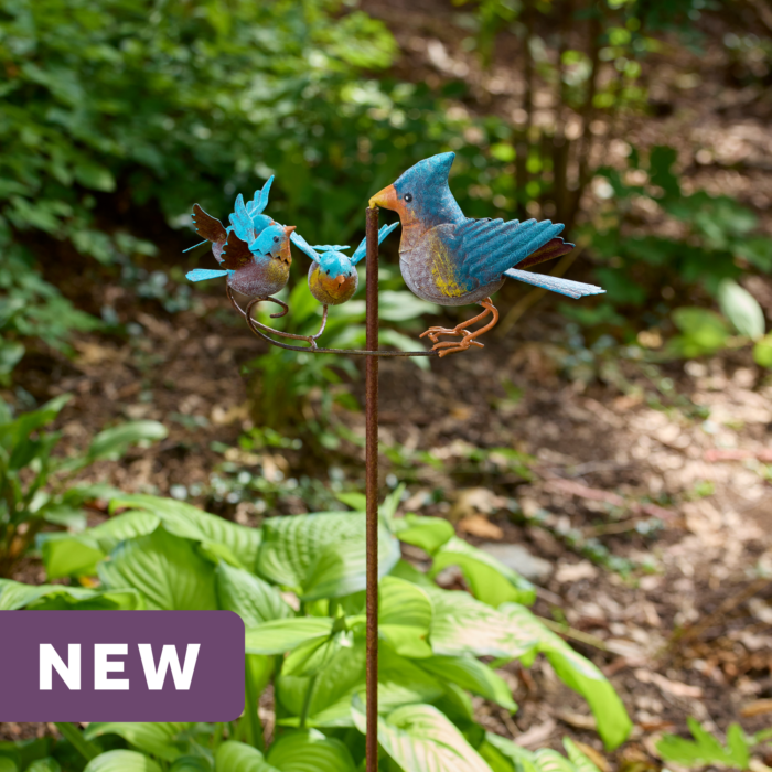 wholesale garden balancer featuring a blue bird and three three fluttering baby birds on an outdoor background with greenery