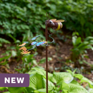 wholesale garden balancer featuring a cute bumblebee and butterflies on a outdoor background with greenery