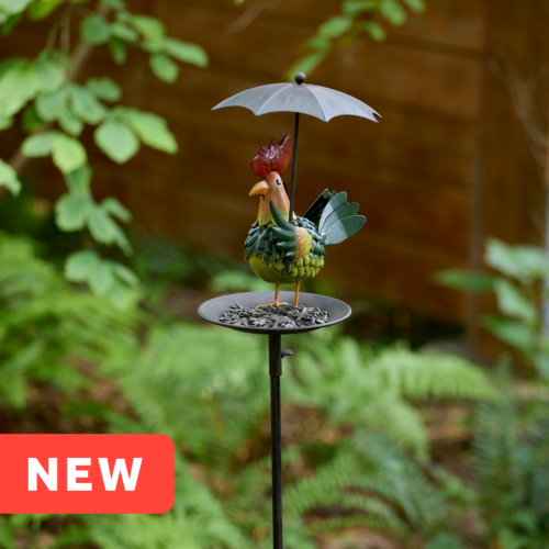 wholesale birdfeeder featuring a rooster holding an umbrella on an outdoor background with greenery
