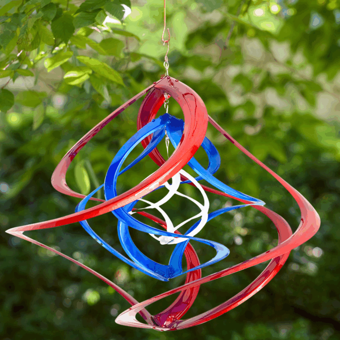 red, white, and blue garden spinner hanging on an outdoor background - wholesale garden.