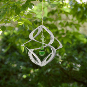 Chrome Cosmix Garden Spinner with Green Teardrop - 11"