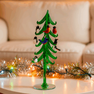 Mini Glass Christmas Tree w/ Bird Ornaments