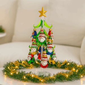 Mini Glass Christmas Tree w/ Gnome Ornaments