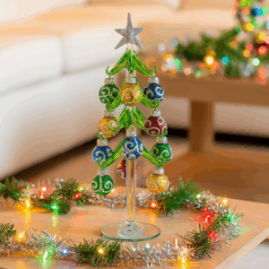 Mini Glass Christmas Tree w/ Silver Glitter Ornaments
