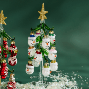 Mini Glass Christmas Tree w/ Snowman Ornaments