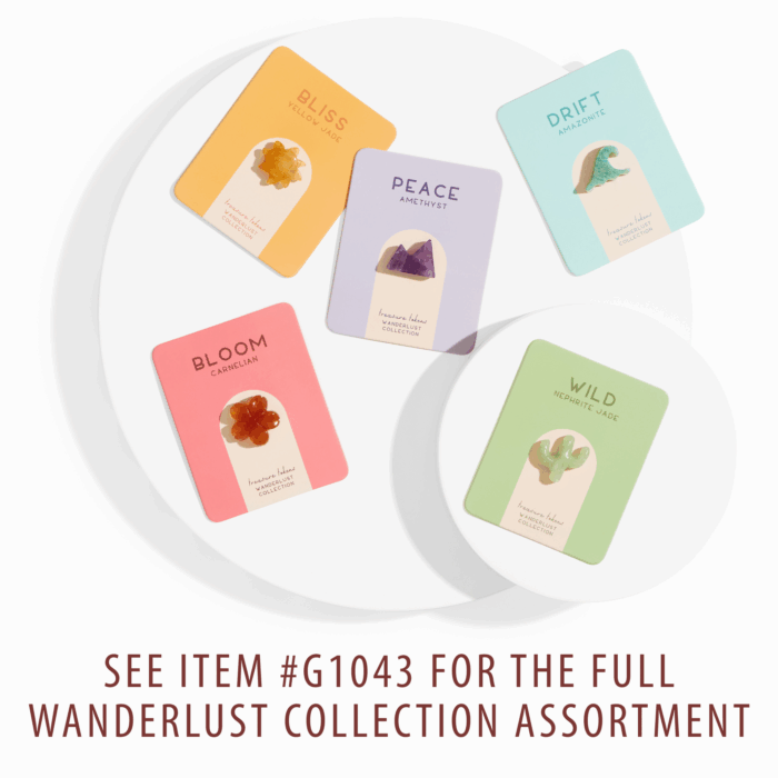 5 wholesale mini carved crystals mounted on backer cards - carnelian hibiscus, nephrite jade cactus, amazonite wave, amethyst mountain, yellow jade sun. Text reads: see item #1042 for the full wanderlust collection assortment.