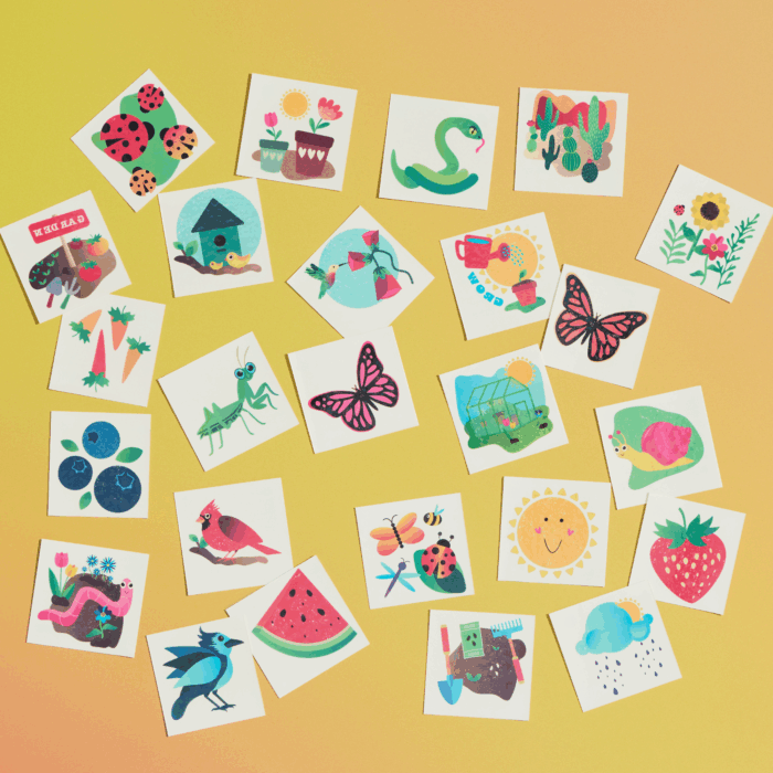 wholesale garden themed kids temporary tattoos - ladybugs, flowers, snakes, cactuses, butterflies, snails, strawberry, watermelon, rain cloud, sunshine, bird, worm, blueberry, carrot, bugs, garden, birdhouse