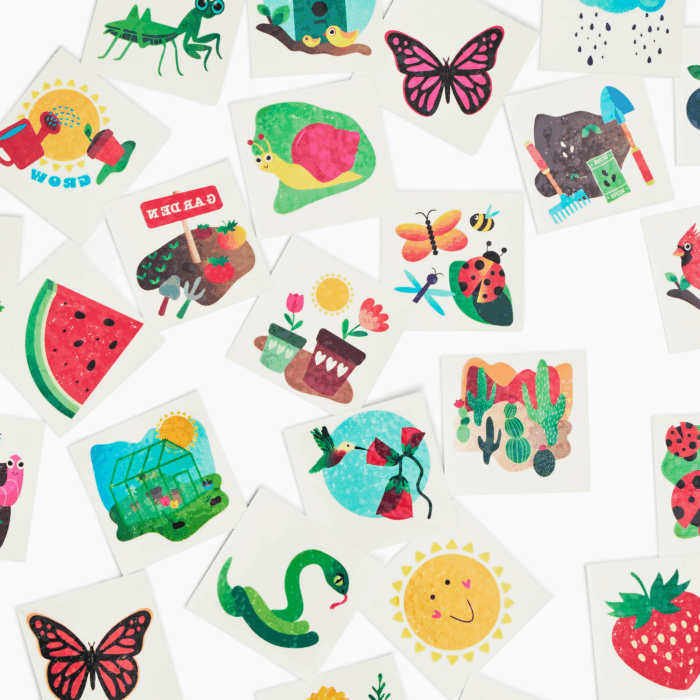 wholesale garden themed kids temporary tattoos - ladybugs, flowers, snakes, cactuses, butterflies, snails, strawberry, watermelon, rain cloud, sunshine, bird, worm, blueberry, carrot, bugs, garden, birdhouse