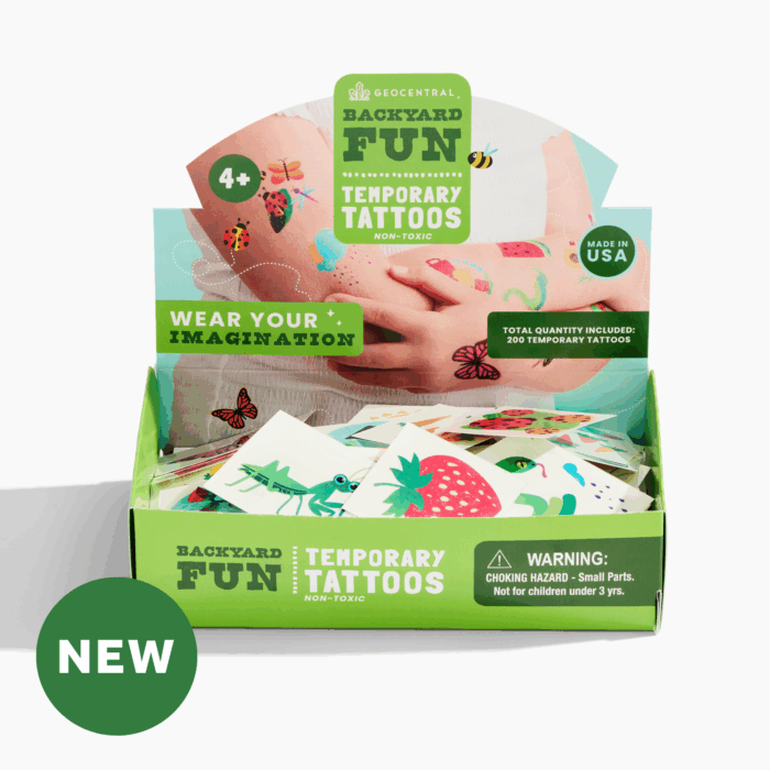 wholesale kids temporary tattoo display filled with colorful garden themed tattoos. Display reads: Backyard Fun Temporary Tattoos, Wear your imagination.
