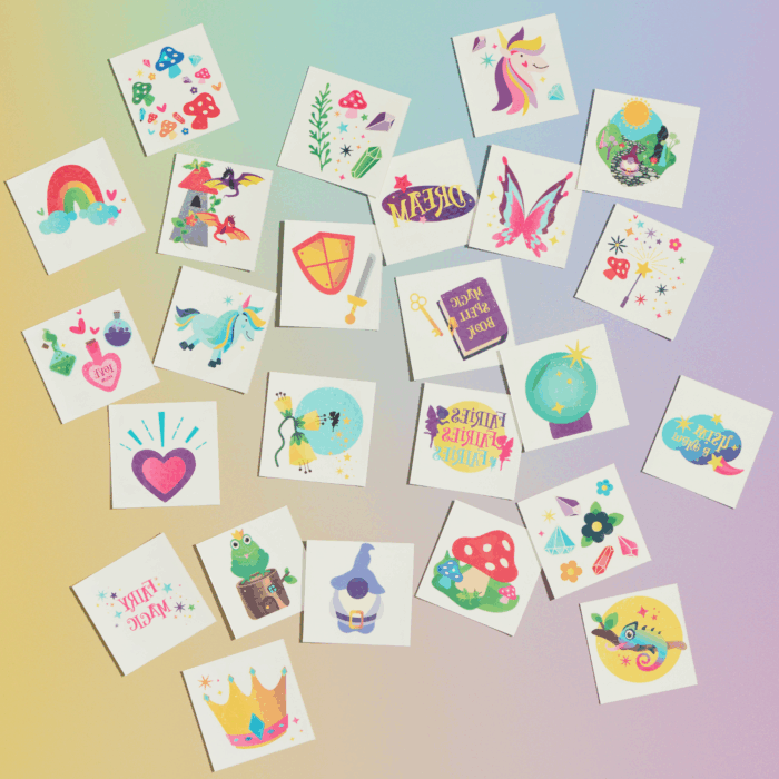 wholesale fantasy themed kids temporary tattoos - mushrooms, unicorn, fairy wings, fairies, magic potions, gnomes, magic frogs, crystals, dragons, rainbow, magic ball