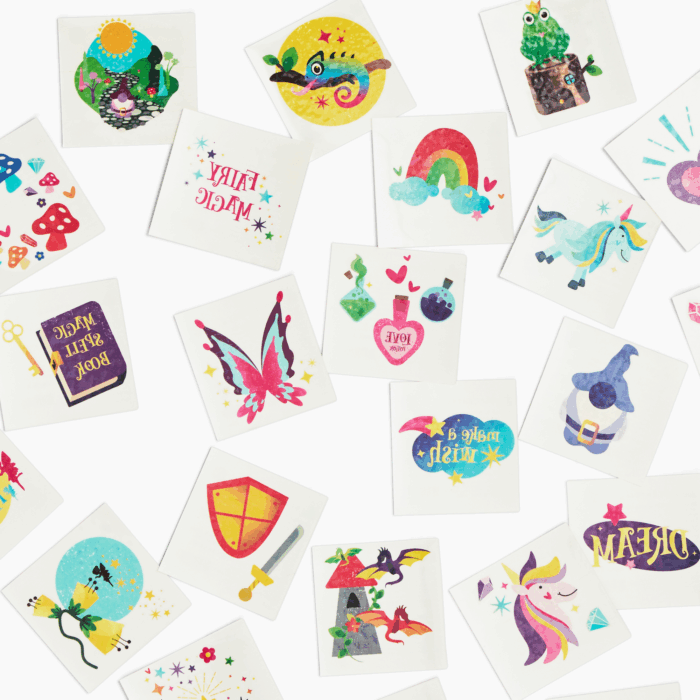 wholesale fantasy themed kids temporary tattoos - mushrooms, unicorn, fairy wings, fairies, magic potions, gnomes, magic frogs, crystals, dragons, rainbow, magic ball