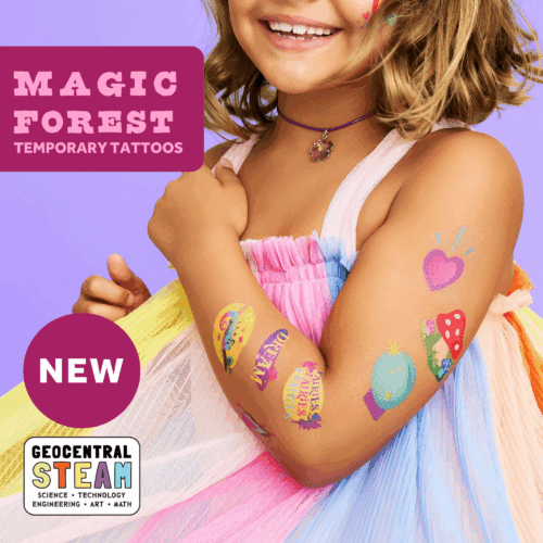 smiling child wearing wholesale fantasy themed kids temporary tattoos - mushrooms, unicorn, fairy wings, fairies, magic potions, gnomes, magic frogs, crystals, dragons, rainbow, magic ball text reads: Magic Forest Temporary Tattoos NEW GeoCentral STEAM