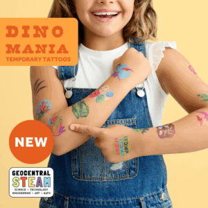 smiling child wearing wholesale dinosaur themed kids temporary tattoos - smiling child wearing wholesale dinosaur themed kids temporary tattoos - pterodactyl, t-rex, brachiosaurus, Styracosaurus, stegosaurus, fossils, volcanoes, footprints, flora and fauna text reads: Dino Mania Temporary Tattoos NEW GeoCentral STEAM