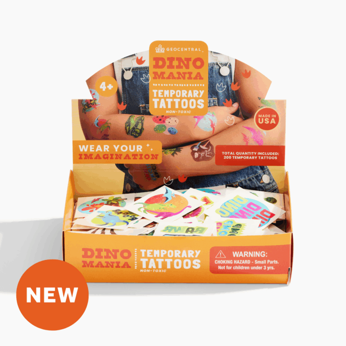 wholesale kids temporary tattoo display filled with colorful dinosaur tattoos. Display reads: Dino Mania Temporary Tattoos, Wear your imagination.