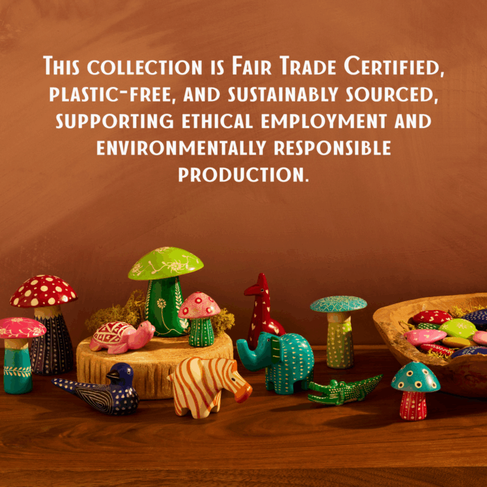 Assortment of wholesale hand carved soapstone figurines including animals and mushrooms with unique patterns. Text reads: this collection is fair trade certified, plastic-free, and sustainably sourced, supporting ethical employment and environmentally responsible production.