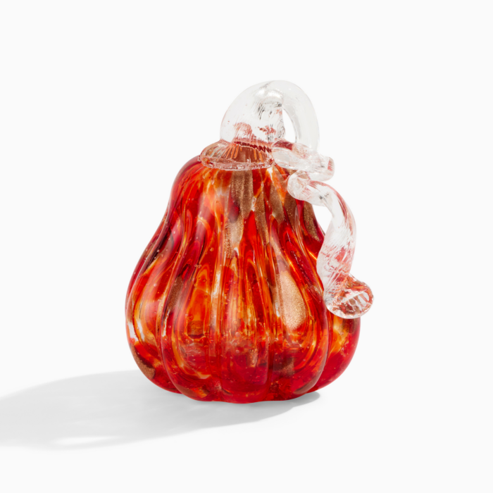 wholesale glass pumpkin with gold glitter accents and a curly clear glass stem.