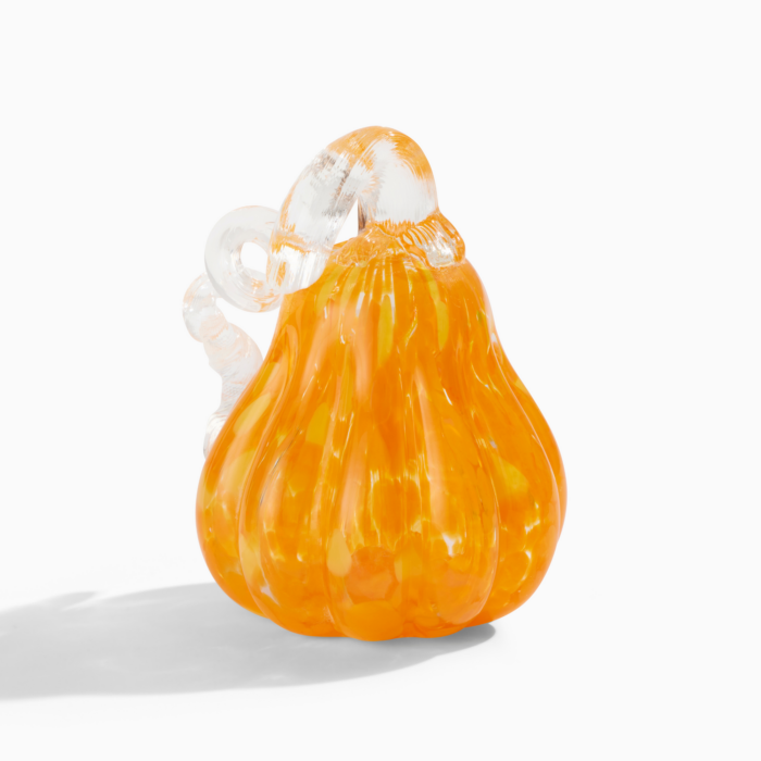 wholesale glass pumpkin with gold glitter accents and a curly clear glass stem.