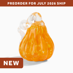 wholesale halloween glass pumpkin with gold glitter accents and a curly clear glass stem. text on the image says: preorder for july 2026 ship. NEW.