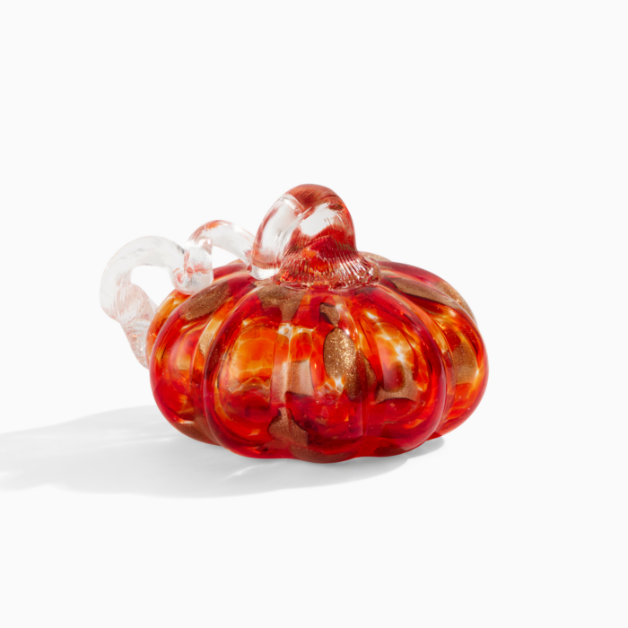 wholesale glass pumpkin with gold glitter accents and a curly clear glass stem.