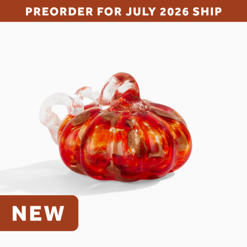 wholesale glass pumpkin with gold glitter accents and a curly clear glass stem. text on the image says: preorder for july 2026 ship. NEW.