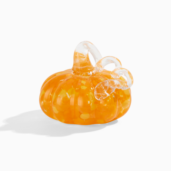 wholesale glass pumpkin with gold glitter accents and a curly clear glass stem.