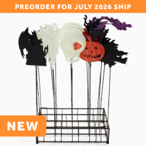 wholesale halloween garden stakes with multicolor and glow finishes. there are five different styles of stakes in a metal display. text on the image says: preorder for july 2026 ship. NEW.