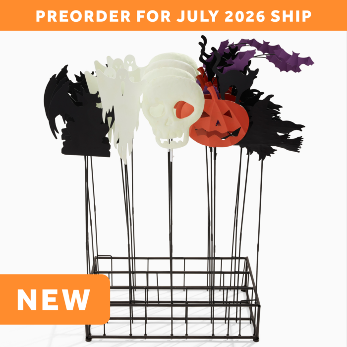 wholesale halloween garden stakes with multicolor and glow finishes. there are five different styles of stakes in a metal display. text on the image says: preorder for july 2026 ship. NEW.