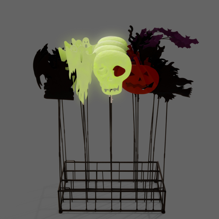 wholesale halloween garden stakes with multicolor and glow finishes. there are five different styles of stakes in a metal display, shown in the dark to feature the skull and ghost styles glowing