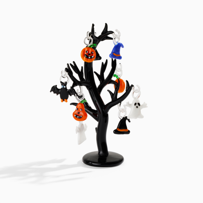 wholesale glass halloween tree with halloween themed ornaments - pumpkins, witch hats, ghosts, and a bat.