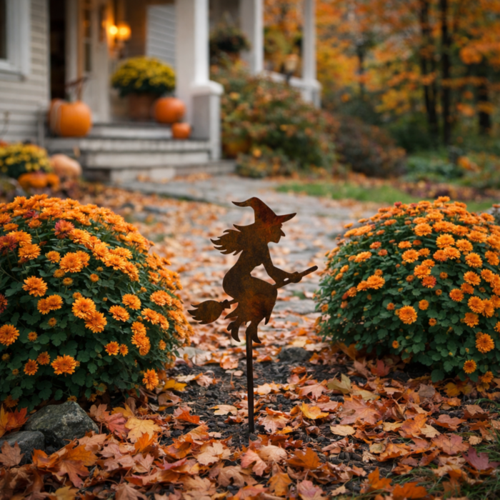 wholesale witch on broom mini garden stake with a rusty finish standing in a front yard garden surrounded by orange mum flowers and orange leaves