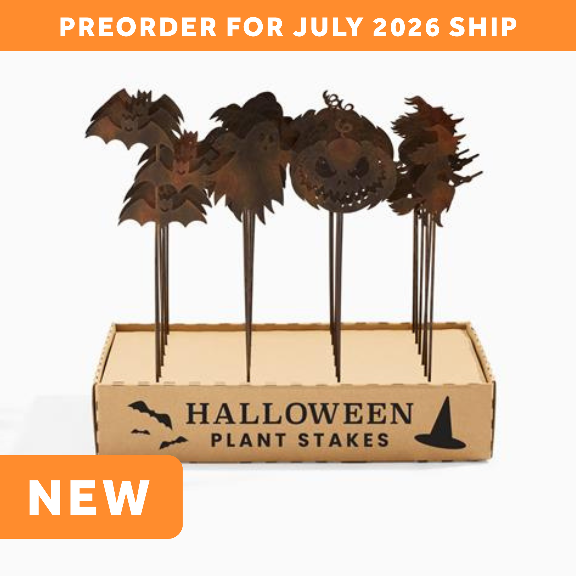 wholesale halloween garden stakes with a rusty finish. there ate four different styles of stakes in a cardboard display that says "halloween plant stakes" with bats and a witch hat. text on the image says: preorder for july 2026 ship. NEW.