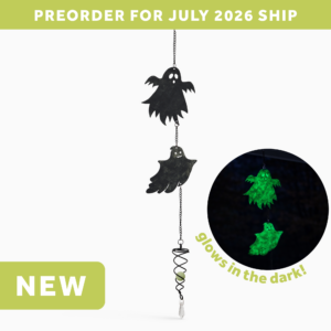 wholesale halloween glow in the dark hanging garden wind spinner featuring 2 friendly ghosts. this is shown glowing in the dark and on a white background. text says: preorder for july 2026 ship. NEW. Glows in the dark.